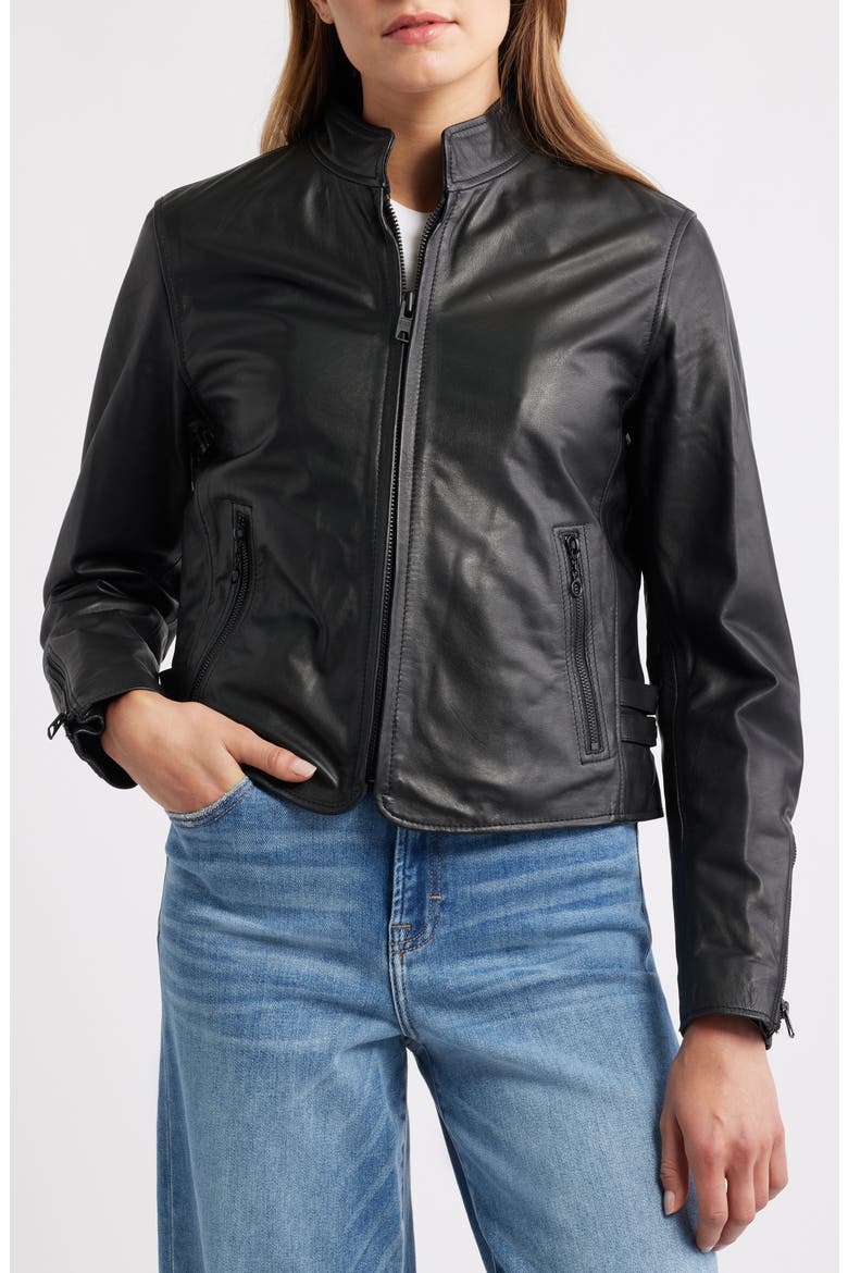 Cafe Racer Leather Jacket, Alternate, color, BLACK