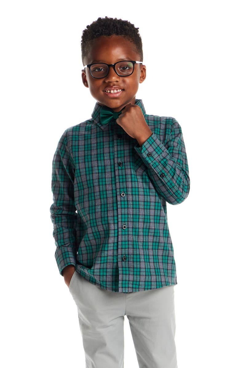 Andy & Evan Kids' Two-Piece Plaid Cotton Flannel Button-Up Shirt & Bow Tie Set, Alternate, color, Green Plaid