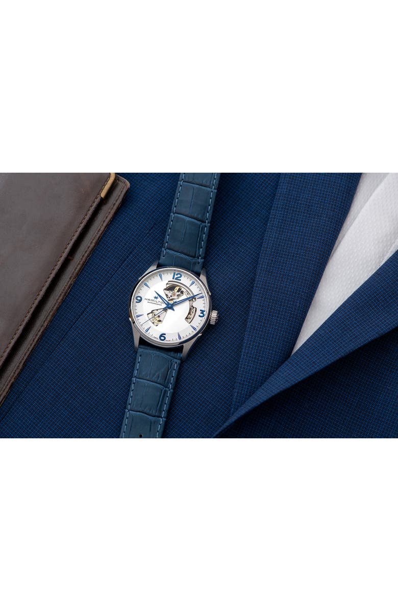 Hamilton Jazzmaster Skeleton Leather Strap Watch, 42mm, Alternate, color, Blue