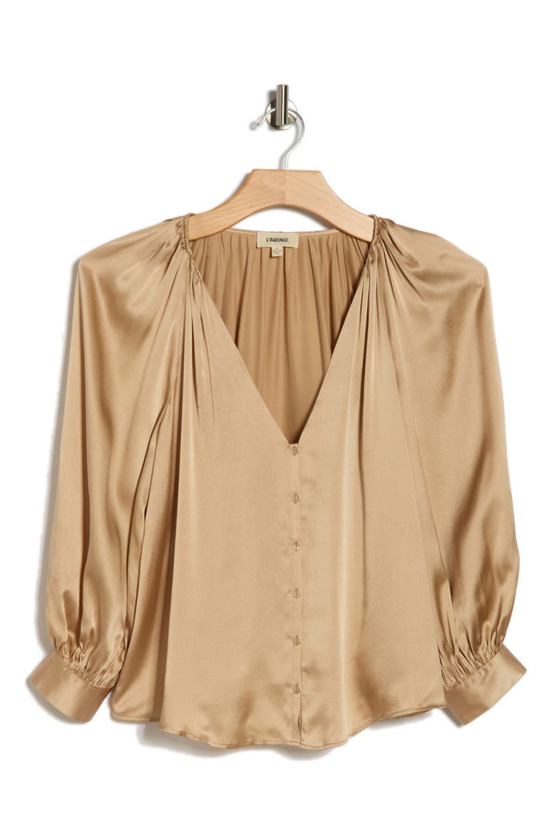 Kaili Balloon Sleeve Silk Button-Up Shirt, Alternate, color, ALMOND