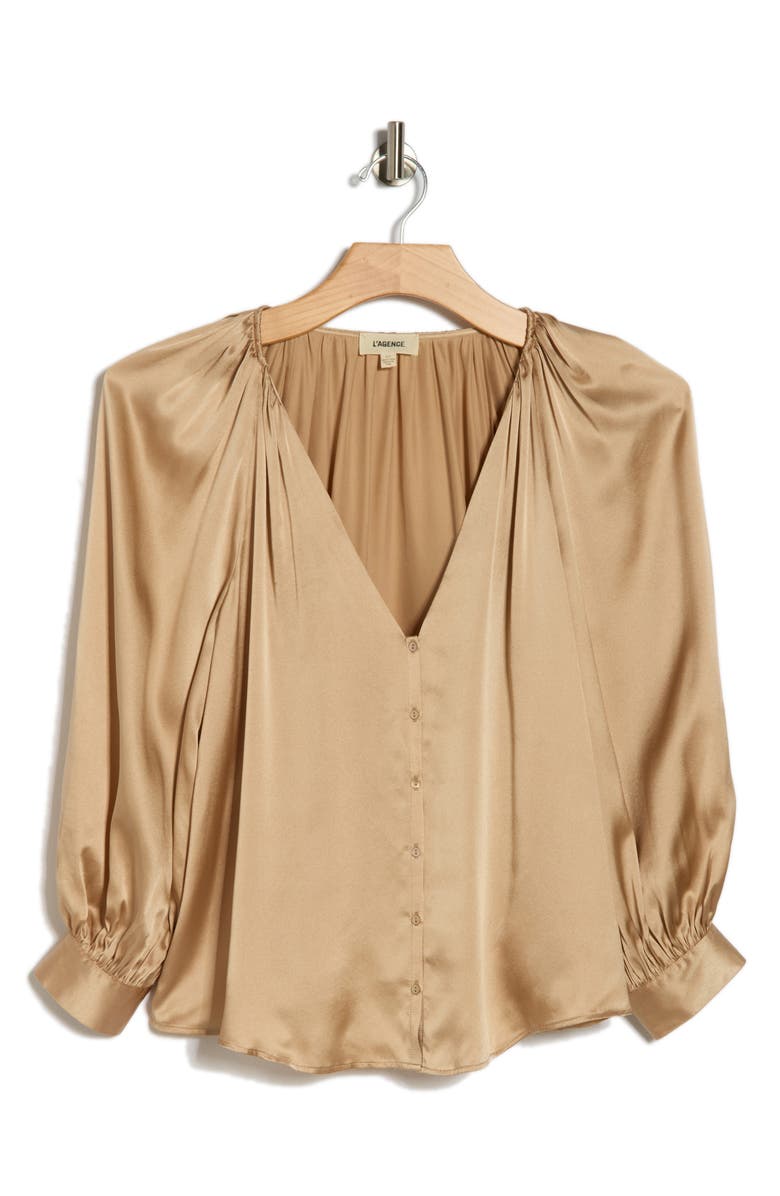 L'AGENCE Kaili Balloon Sleeve Silk Button-Up Shirt, Main, color, Almond