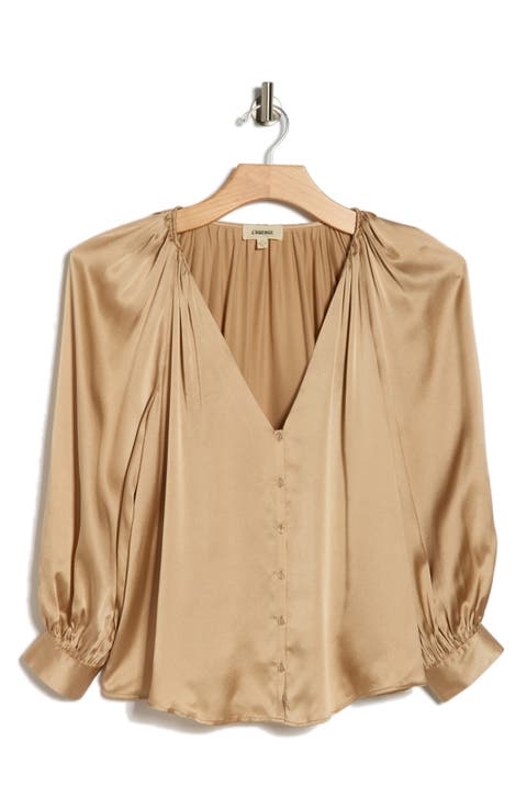 Kaili Balloon Sleeve Silk Button-Up Shirt