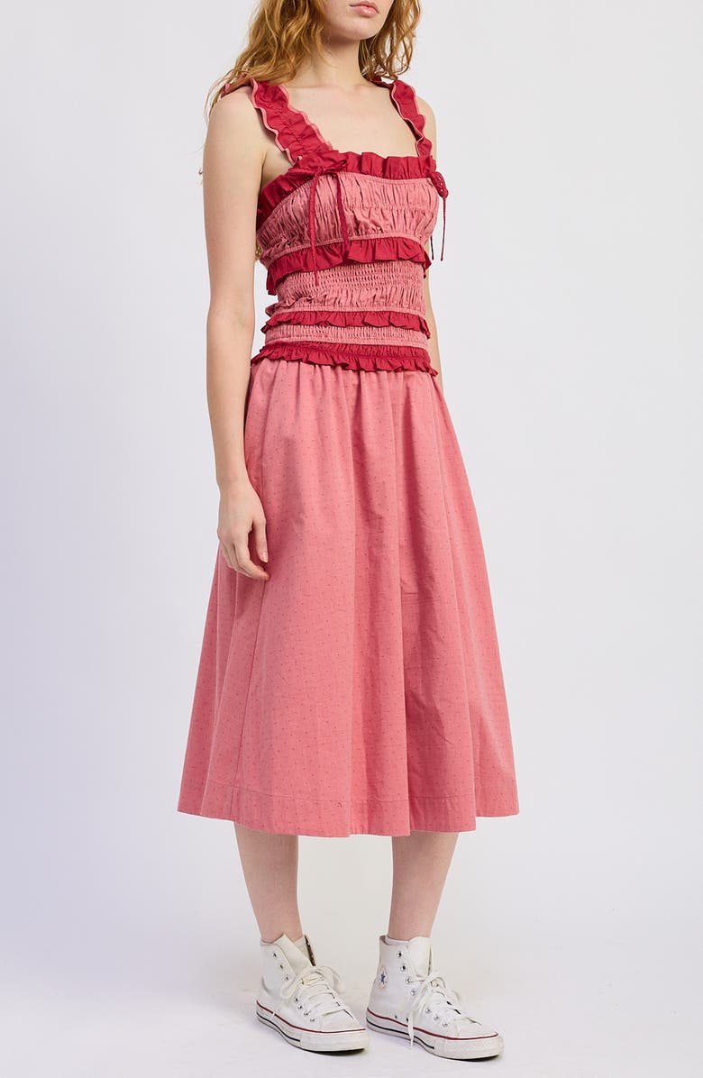 JACQUIE THE LABEL Ada Micro Dot Tiered Ruffle Trim Midi Dress, Alternate, color, Red Tonal