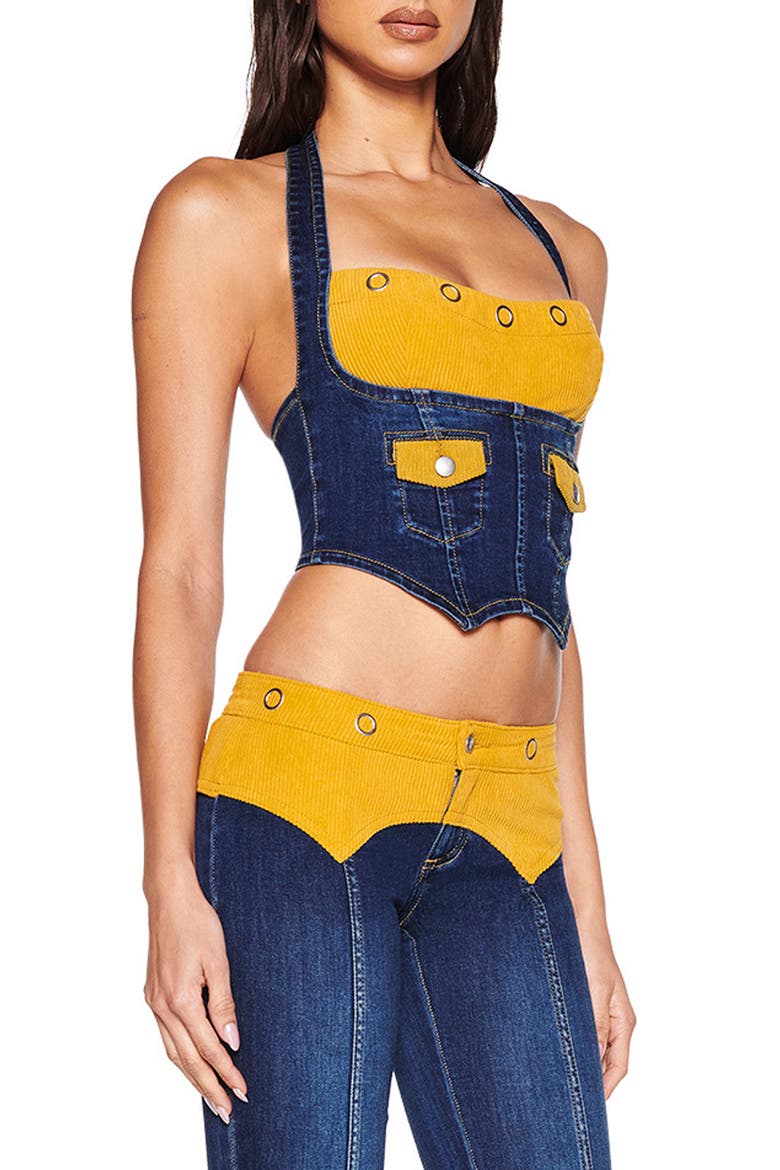 Tommie Mixed Media Halter Corset Top, Alternate, color, DARK WASH