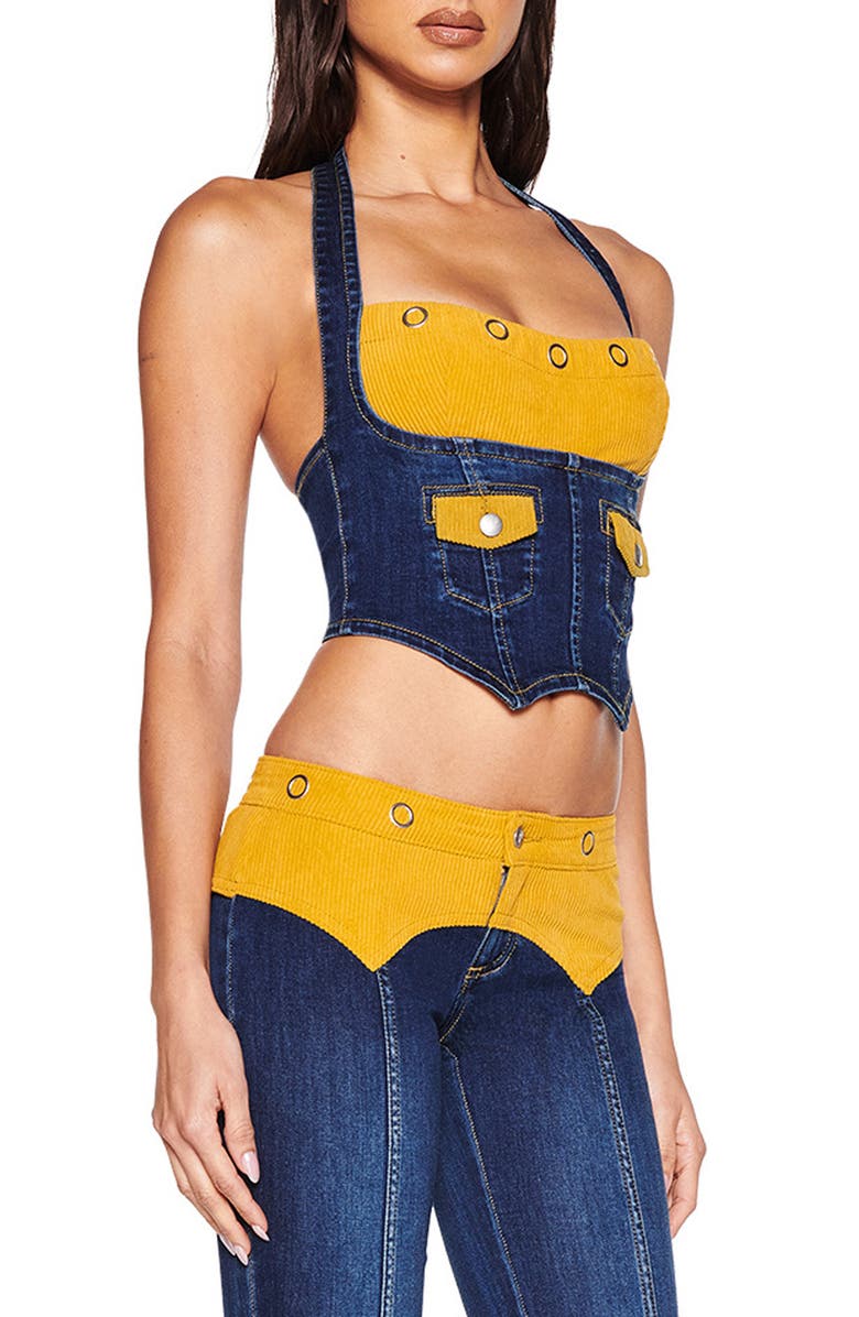 I.AM.GIA Tommie Mixed Media Halter Corset Top, Alternate, color, Dark Wash