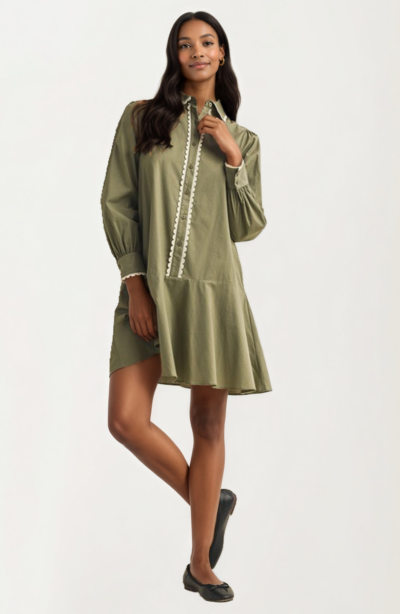 Knit and Lounge Long-Sleeve Button-Front Scallop-Trim Mini Dress, Alternate, color, Green