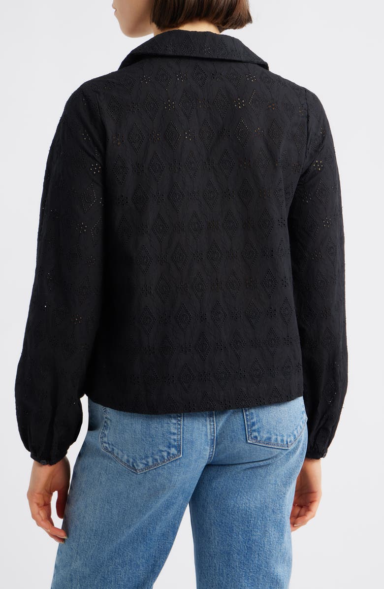 Bobeau Embroidered Eyelet Cotton Button-Up Shirt, Alternate, color, Black
