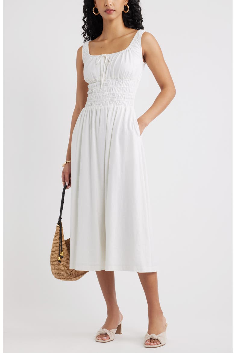 Smocked Waist Midi Dress, Alternate, color, WHITE
