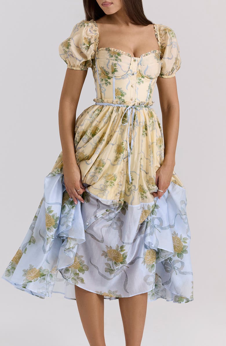 HOUSE OF CB Penelope Floral Puff Sleeve Corset Chiffon Midi Dress, Alternate, color, Yellow Rose Print