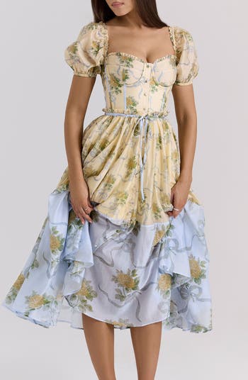 Penelope Floral Puff Sleeve Corset Chiffon Midi Dress