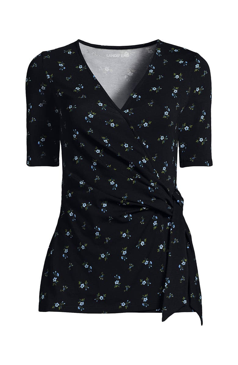 Lands
 End Elbow Sleeve Lightweight Jersey Side Tie Blouse, Alternate, color, Black/Cobalt Tiny Floral