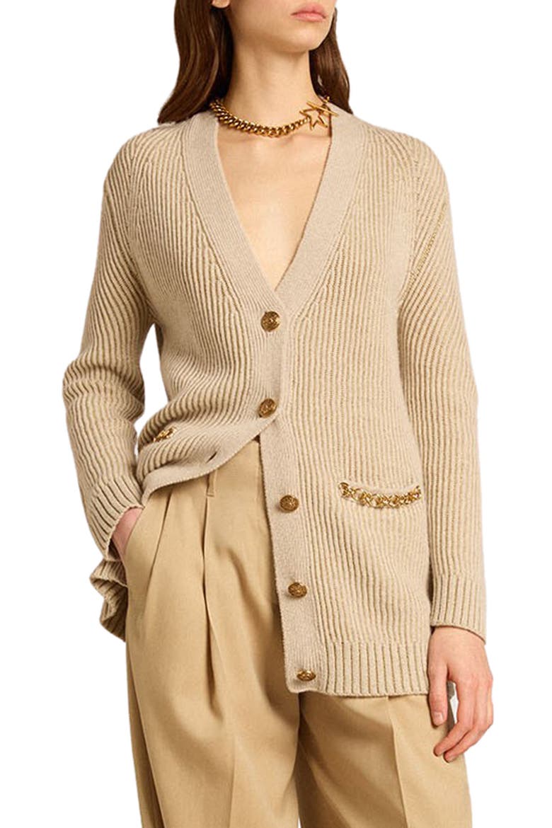 Chain Detail Wool Blend Rib Cardigan, Main, color, LAMBS WOOL/ GOLD