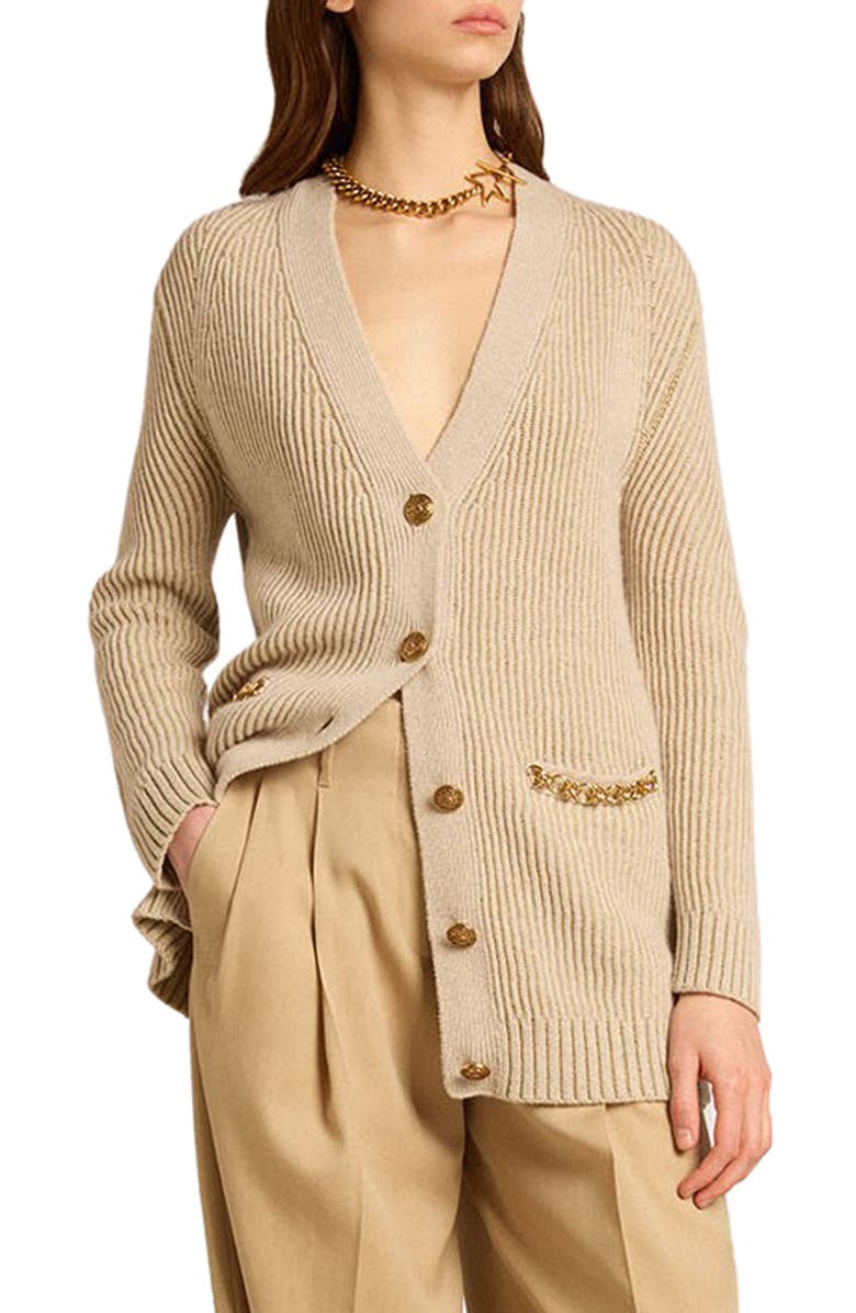 Golden Goose Chain Detail Wool Blend Rib Cardigan, Main, color, Lambs Wool/ Gold