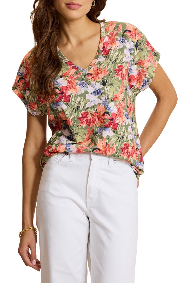 Kauai Island Blooms V-Neck T-Shirt, Main, color, DUSTY SAGE