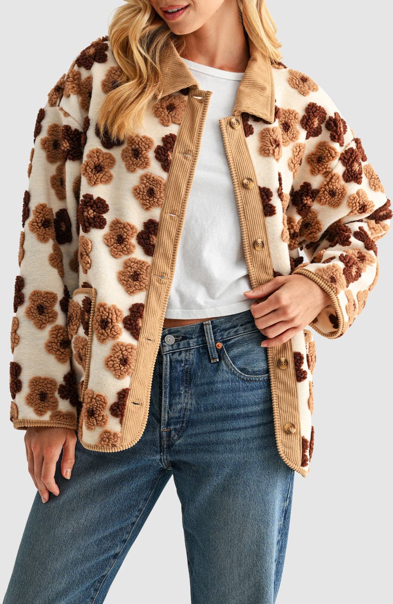All in Favor Floral High Pile Fleece Jacket, Main, color, Neutral Brown