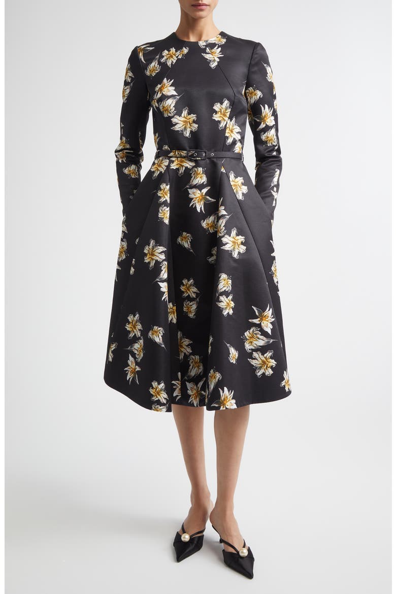 Uccelina Festive Lillies Long Sleeve Belted Fit & Flare Faille Midi Dress, Alternate, color, FESTIVE LILIES BLACK YELLOW