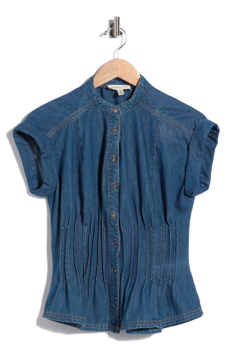 Pleated Fitted Cotton Denim Top, Alternate, color, MEDIUM WASH