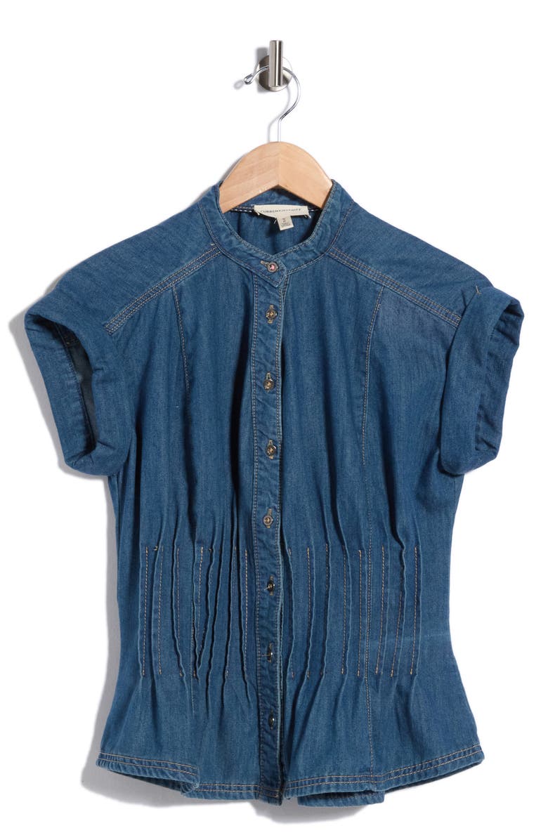 Current/Elliott Pleated Fitted Cotton Denim Top, Main, color, Medium Wash