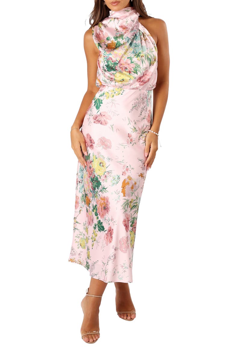 Anabelle Floral Mock Neck Satin Cocktail Dress, Main, color, PINK FLORAL