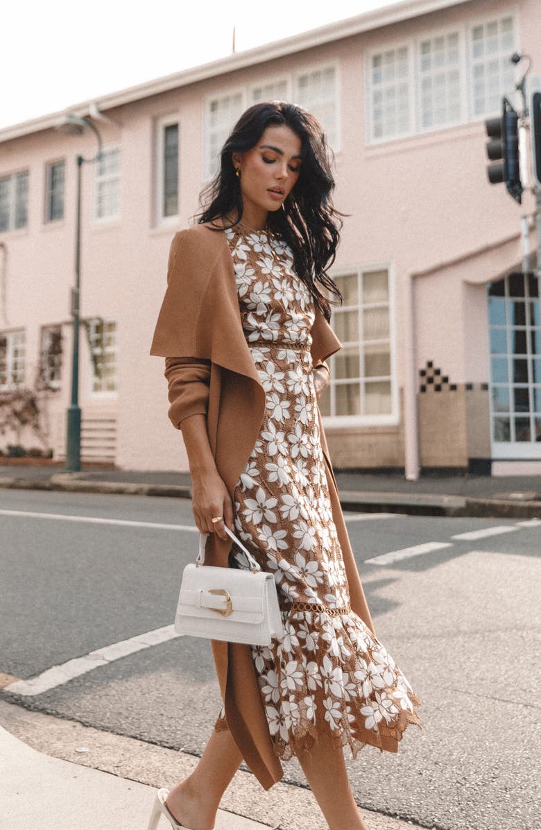 Petal & Pup Pierre Floral Long Sleeve Lace Midi Dress, Alternate, color, Mocha