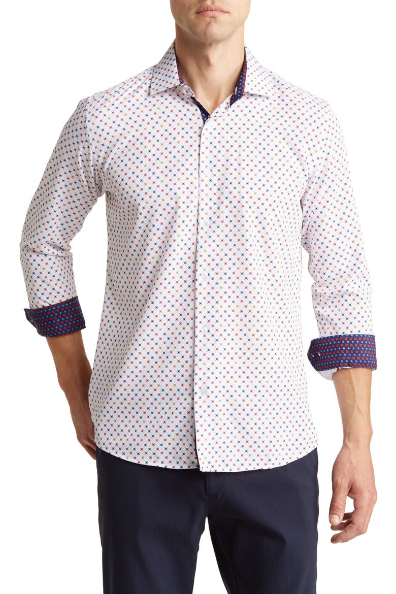 Slim Fit Star Print Performance Button-Up Shirt, Main, color, WHITE