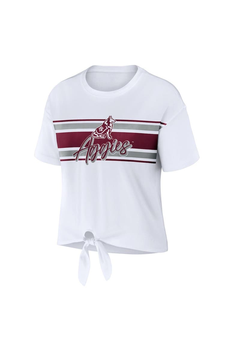 Women's WEAR by Erin Andrews White Texas A&M Aggies Striped Front Knot Cropped T-Shirt, Alternate, color, White