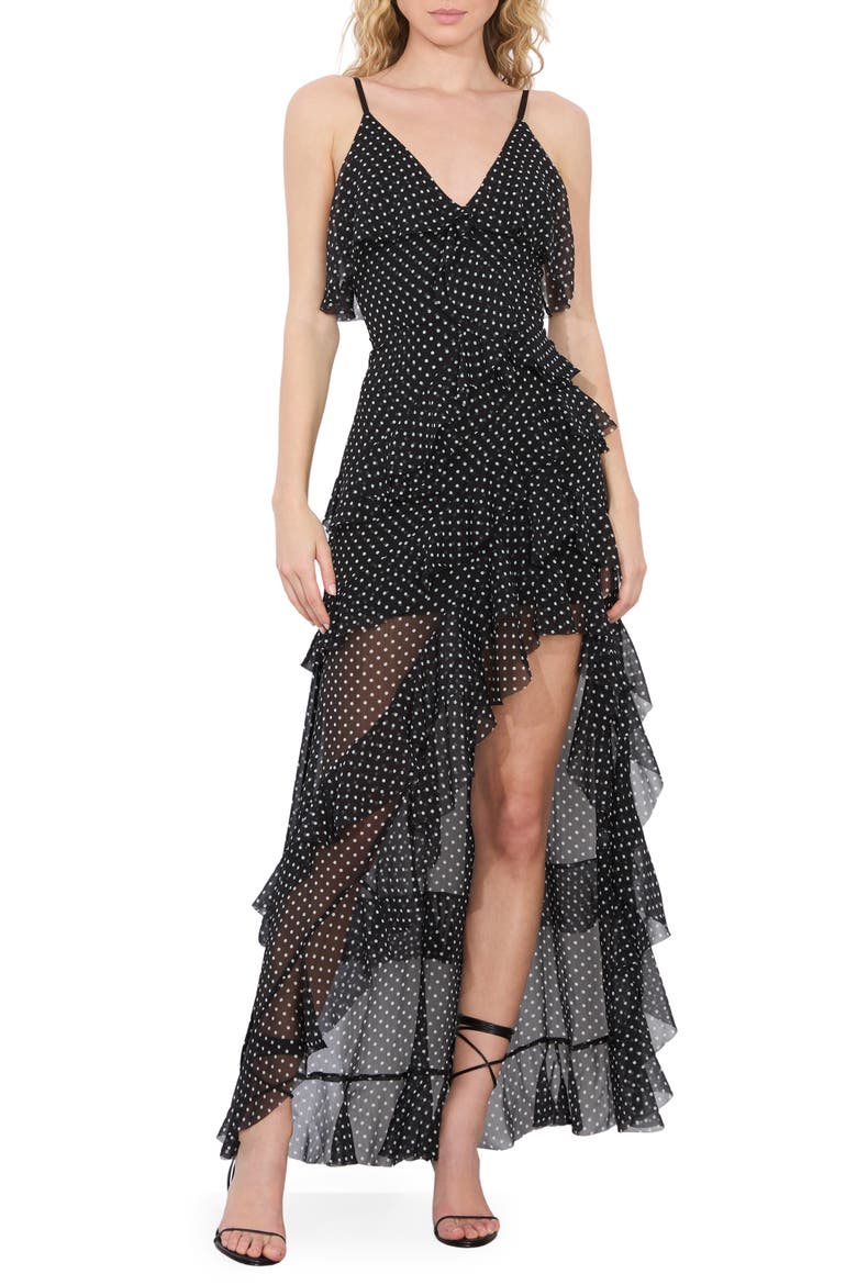 Laverne Lace Up Back Asymmetric Ruffle Maxi Dress, Main, color, TBD - BLACK WITH WHITE DOTS