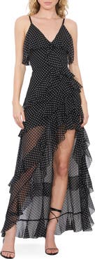 Alice + Olivia Laverne Lace Up Back Asymmetric Ruffle Maxi Dress