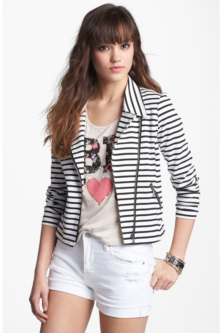 Ponte Knit Moto Jacket, Main, color, IVORY/BLACK