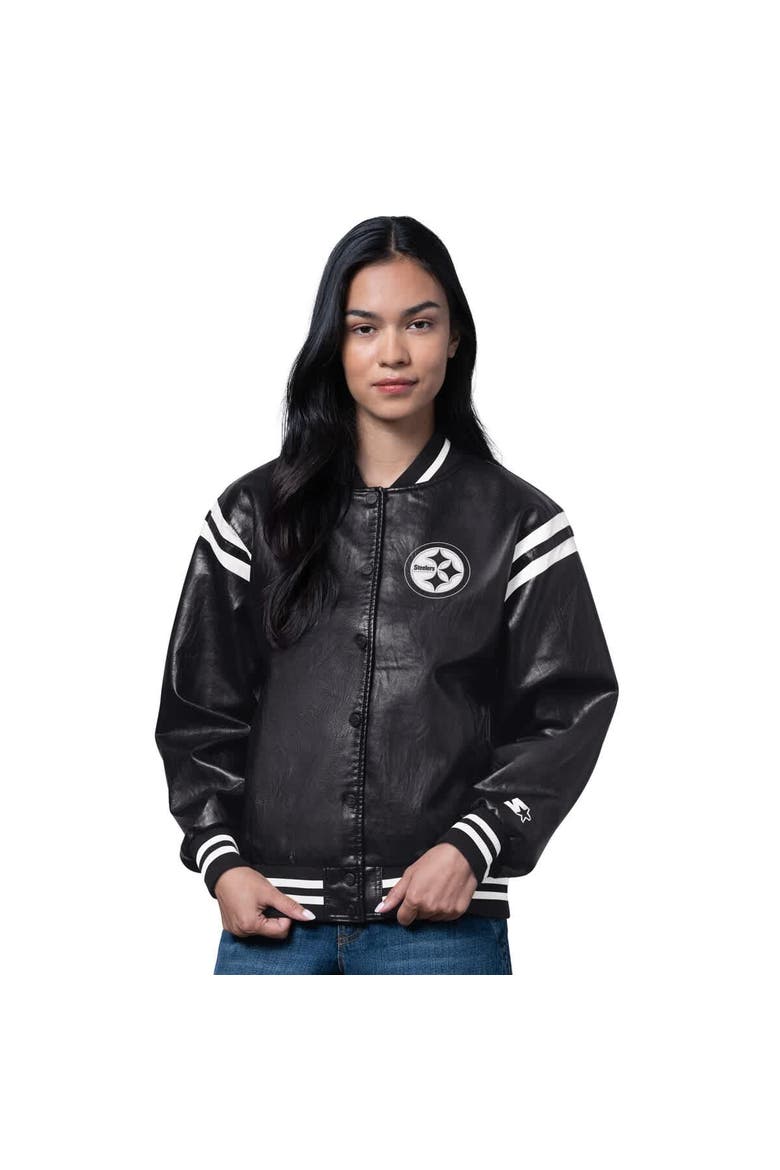 Women's Starter  Black Pittsburgh Steelers High Heat Vegan Leather Full-Snap Varsity Jacket, Main, color, Black