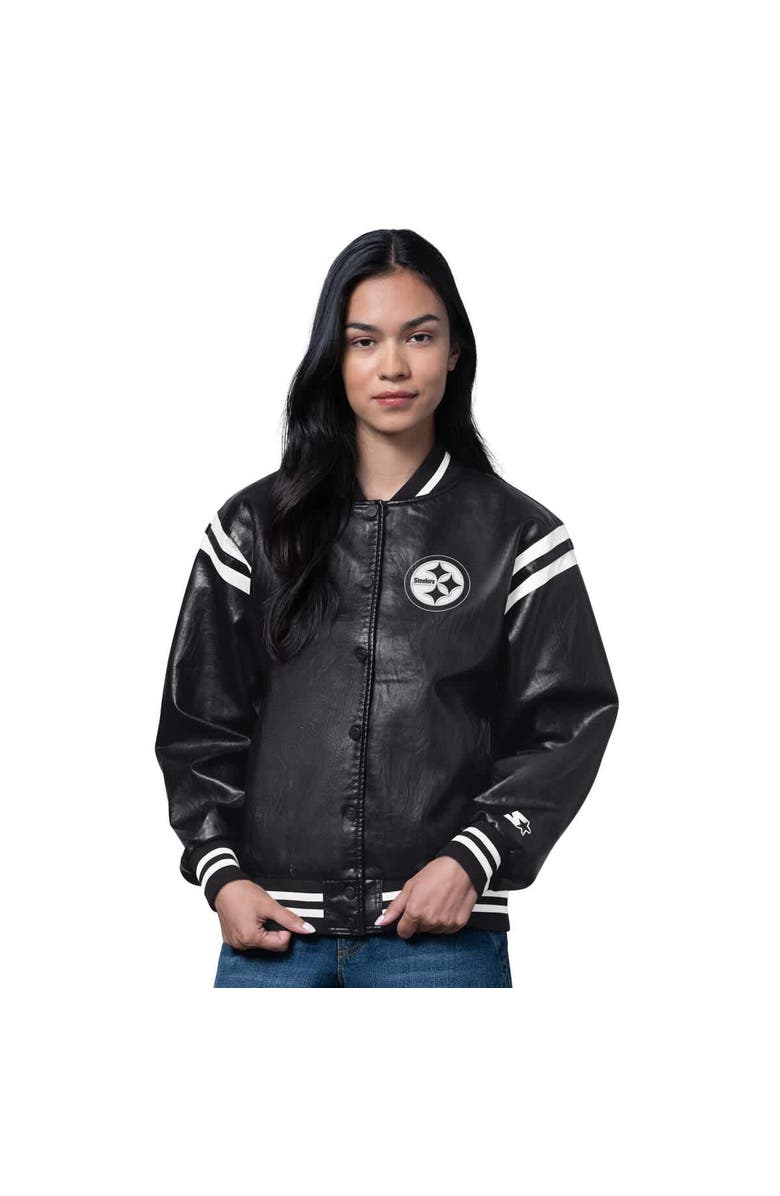 STARTER Women's Starter  Black Pittsburgh Steelers High Heat Vegan Leather Full-Snap Varsity Jacket, Main, color, Black