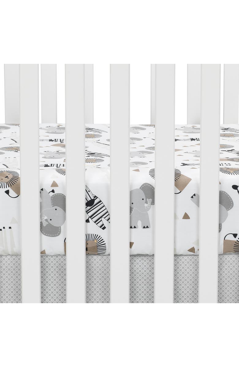 Lambs & Ivy Jungle Safari 100% Cotton Elephant/Lion Fitted Crib Sheet, Alternate, color, White Multi