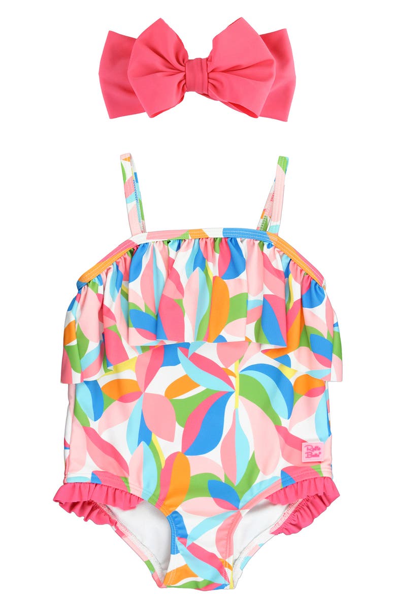 RuffleButts Tropical Adventure Ruffle One-Piece Swimsuit & Headband Set, Main, color, Pink