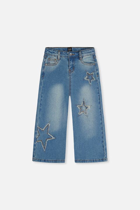 Stretch Denim Frayed Star Embroidery Jeans