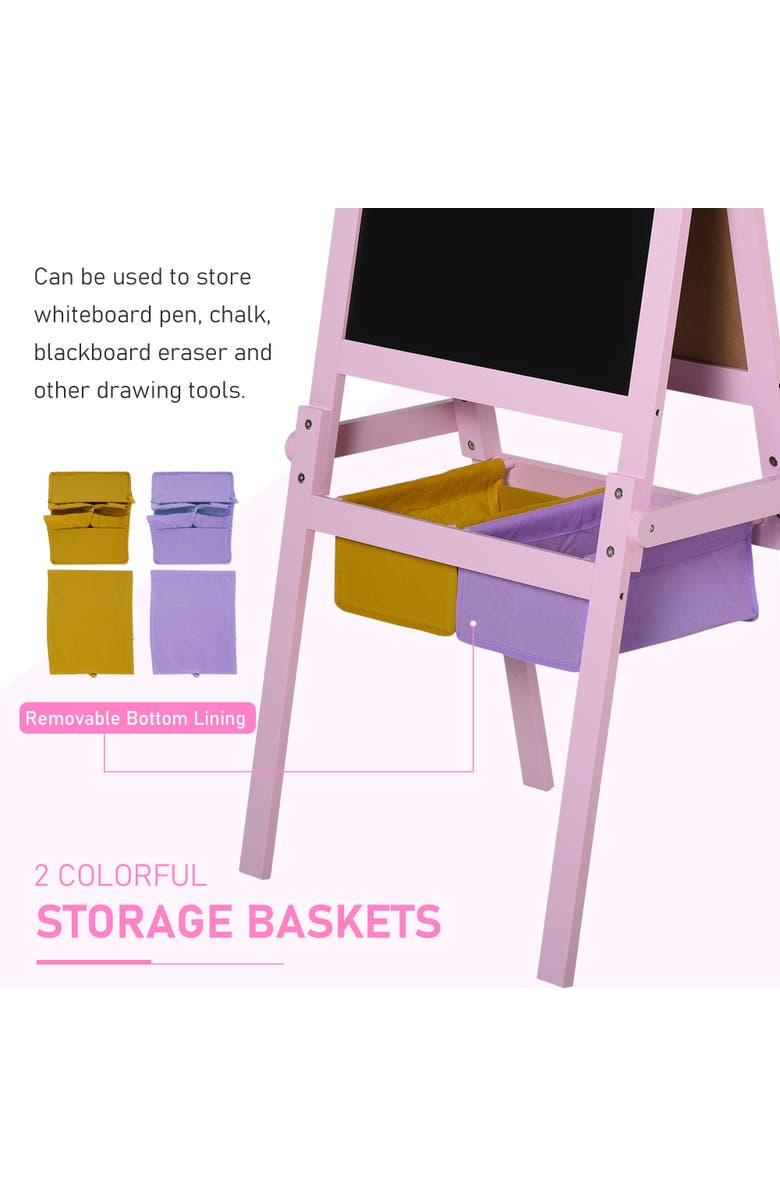 Qaba 3-in-1 Kids Wooden Art Easel, Paper Roll, Double-Sided Chalkboard & Whiteboard, Storage, Alternate, color, Pink