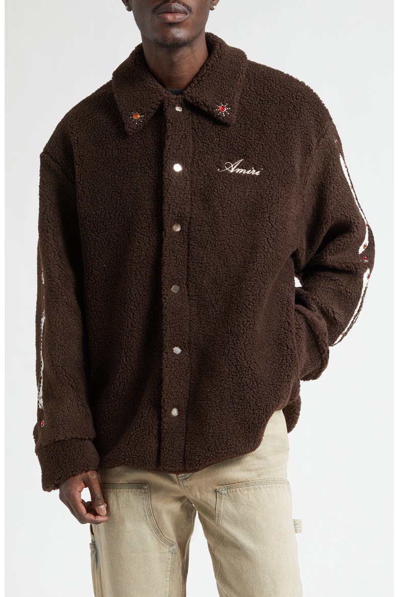 Studded Bones Appliqué High Pile Fleece Overshirt, Main, color, DARK BROWN
