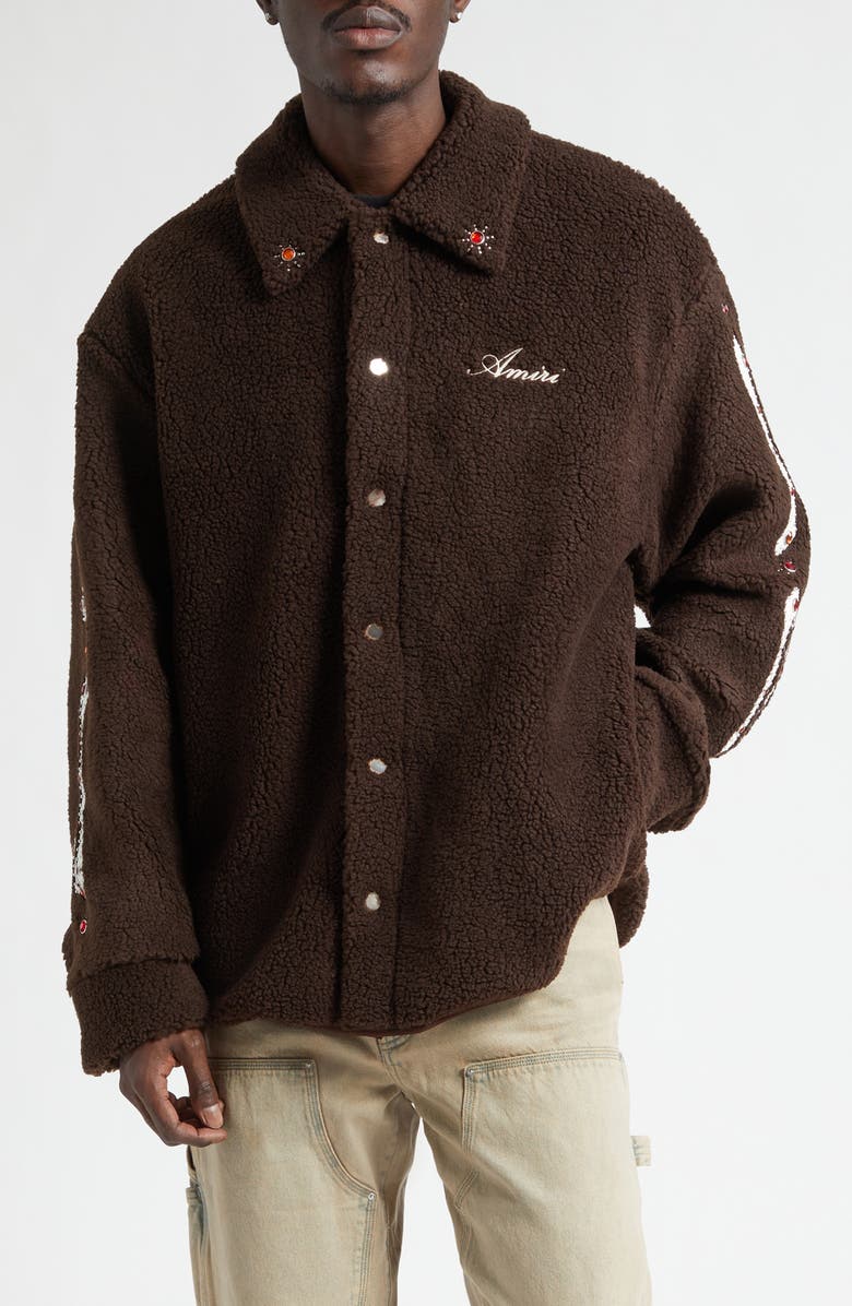 AMIRI Studded Bones Appliqué High Pile Fleece Overshirt, Main, color, Dark Brown