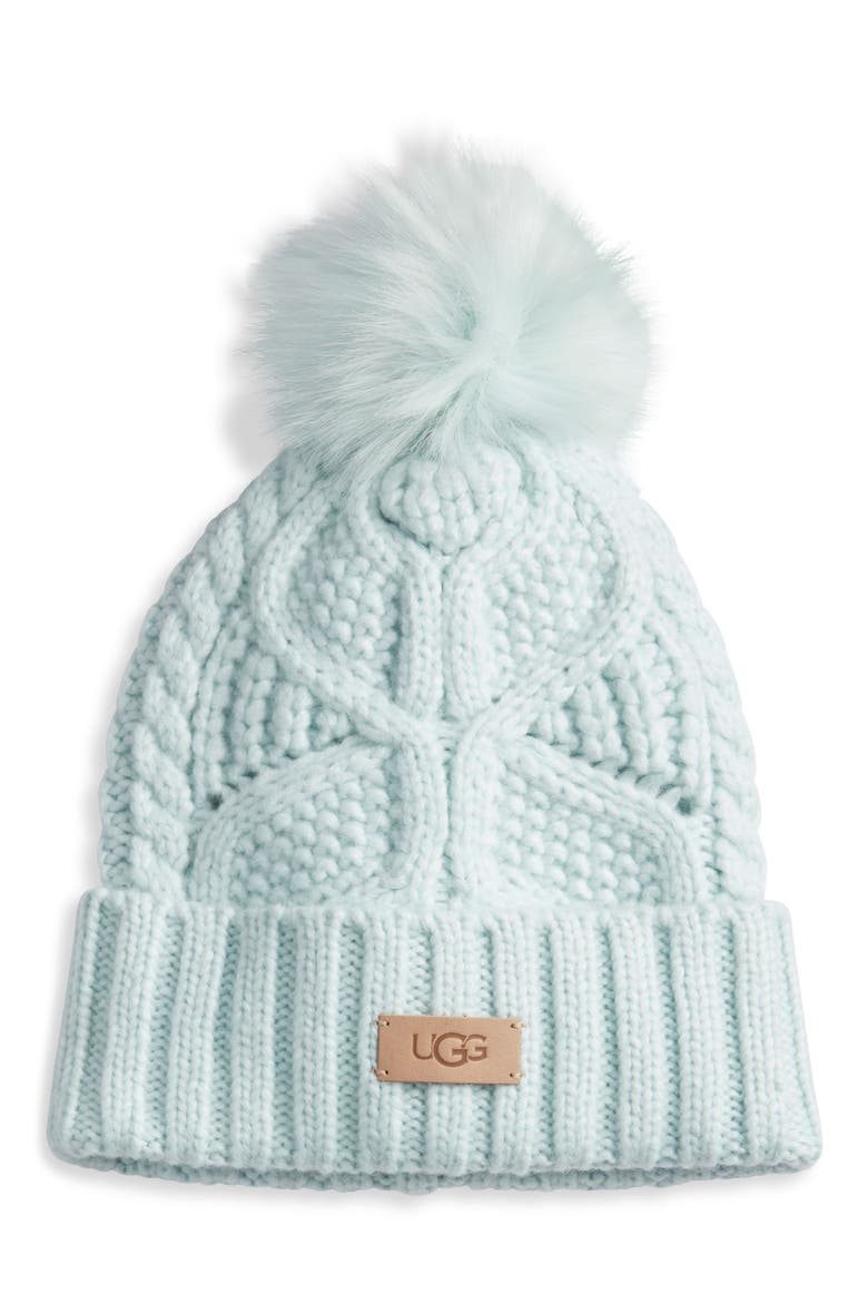 Faux Fur Pompom Cable Knit Beanie, Main, color, FOUNTAIN