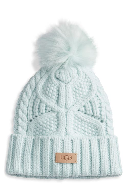 Ugg(r) Faux Fur Pompom Cable Knit Beanie In Blue