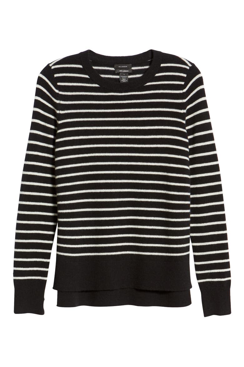 Crewneck Cashmere Sweater, Alternate, color, BLACK- IVORY UNEVEN STRIPE