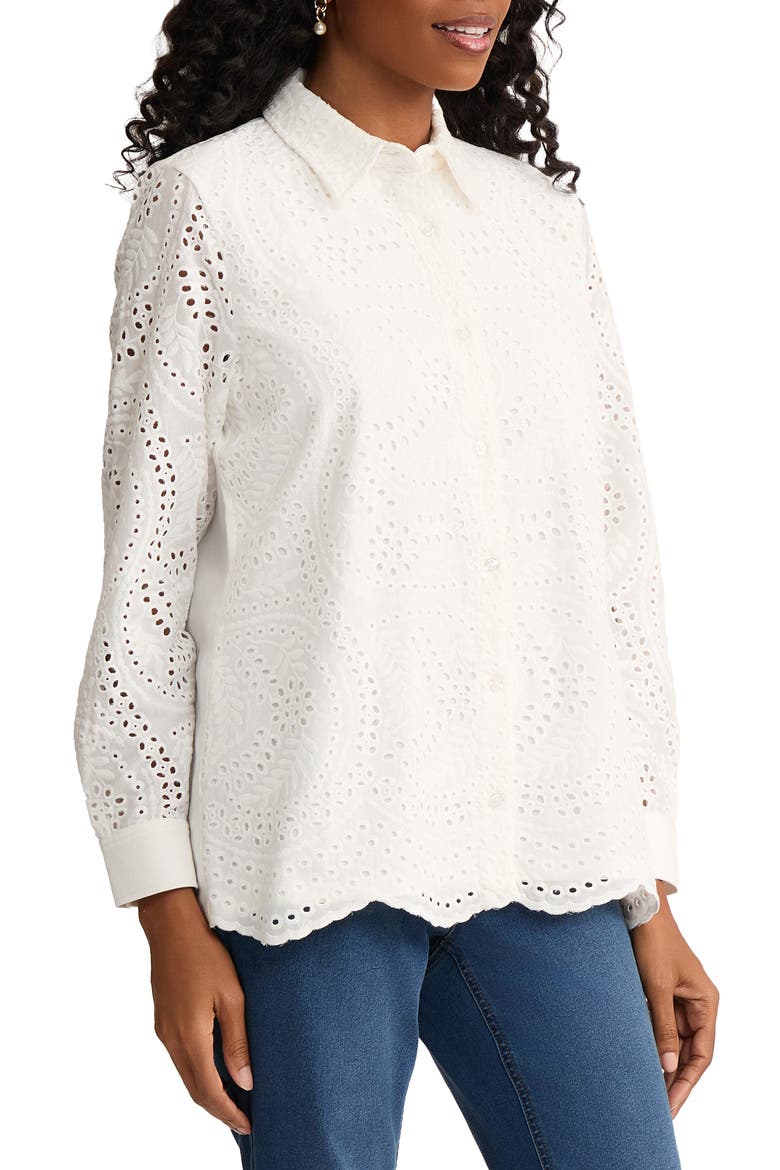 Cotton Eyelet Button-Up Shirt, Alternate, color, NATURAL WHITE