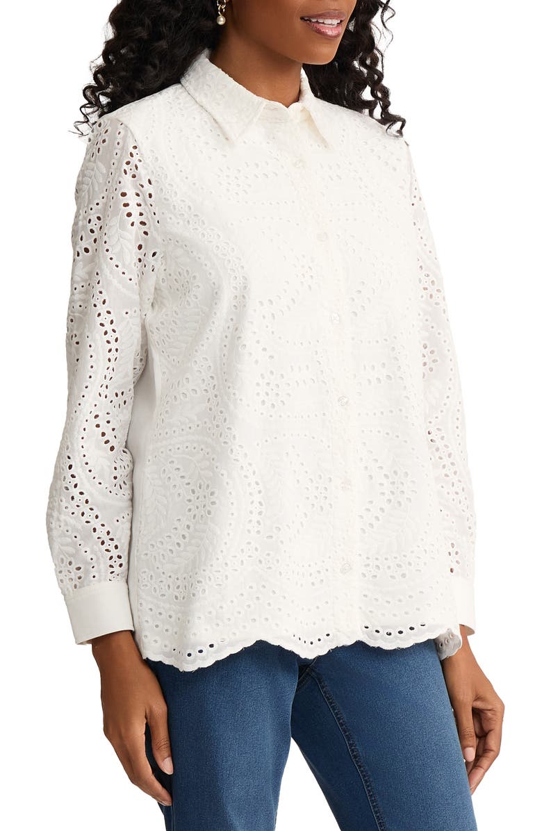 Jones New York Cotton Eyelet Button-Up Shirt, Alternate, color, Natural White
