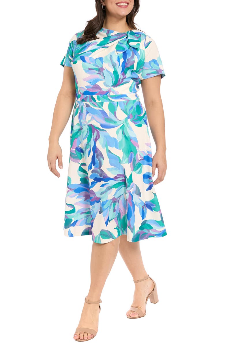 London Times Tie Neck Fit & Flare Midi Dress, Alternate, color, Ivory/ Blue