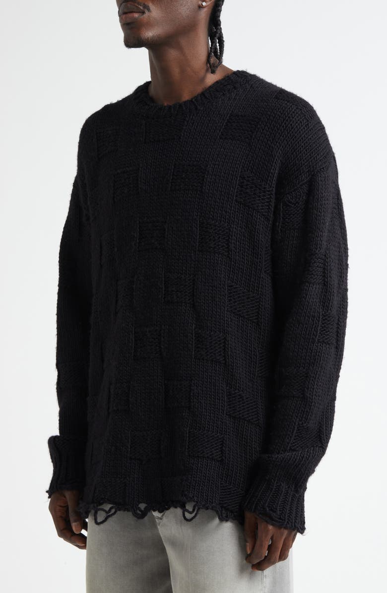 Golden Goose Journey Distressed Checkerboard Wool Sweater, Alternate, color, Black
