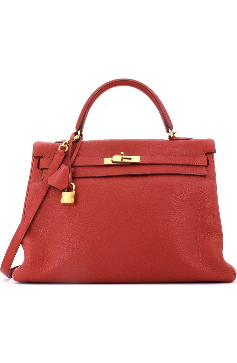 Pre-Owned Hermes Kelly Handbag Brown Clemence with Gold Hardware 35, Main, color, Sienne
