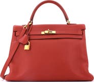 Pre-Owned Hermes Kelly Handbag Brown Clemence with Gold Hardware 35