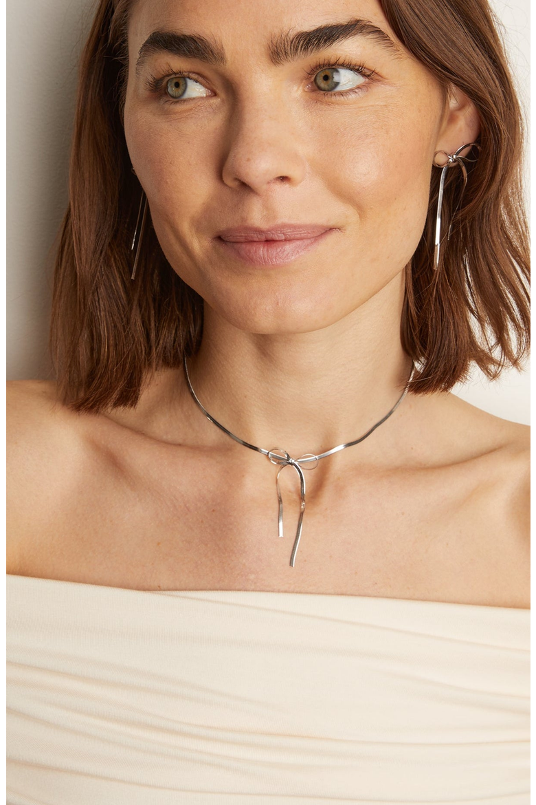 Herringbone Bow Choker Necklace, Alternate, color, White
