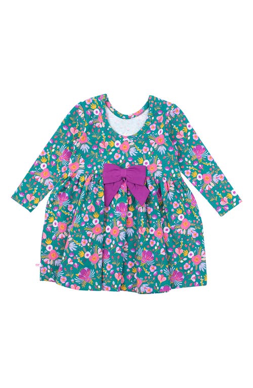 Rufflebutts Emerald Floral Print Long Sleeve Stretch Cotton Dress In Green