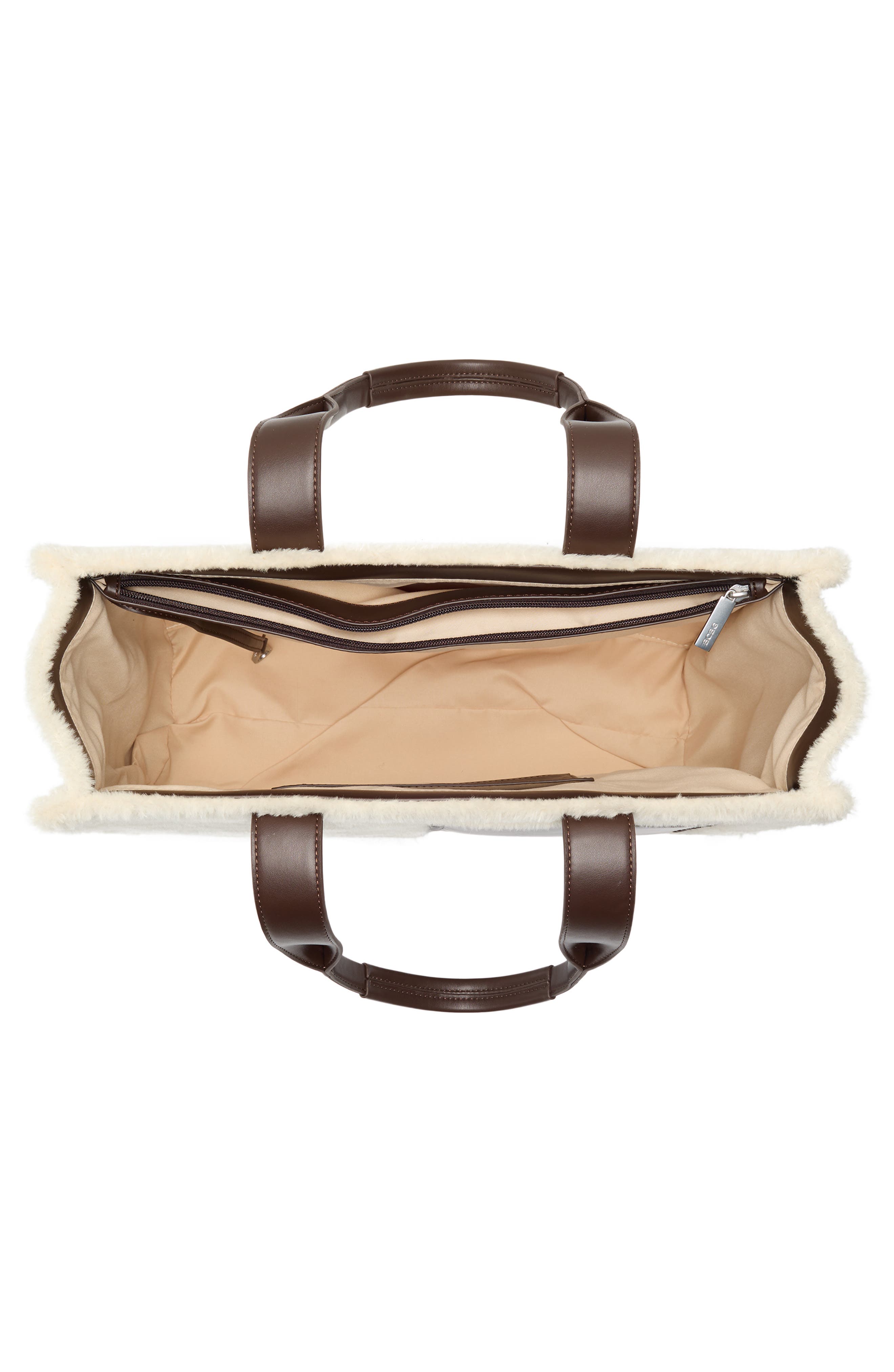BCBG Whipstitch Faux Shearling Tote Bag with Pouch, Alternate, color, Cream Chocolate