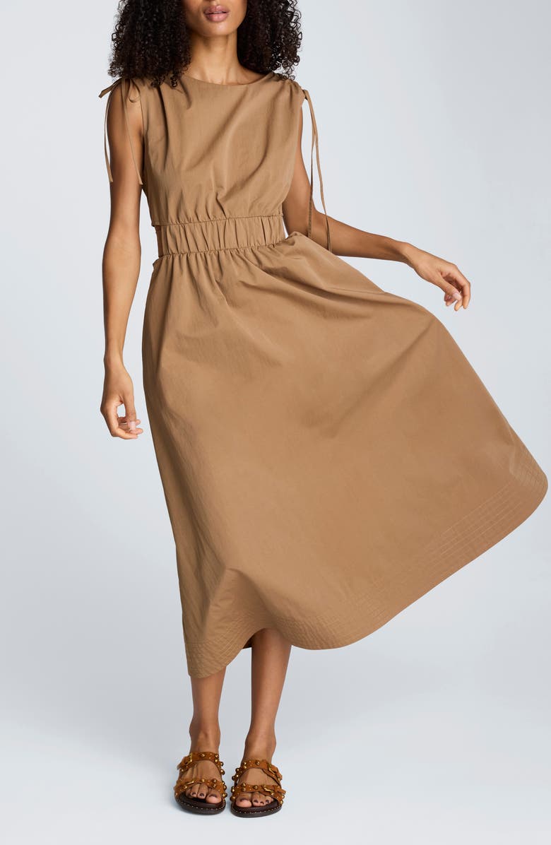 Kenneth Cole Cutout Detail Ruched Waist Stretch Cotton Midi Dress, Alternate, color, Mesquite